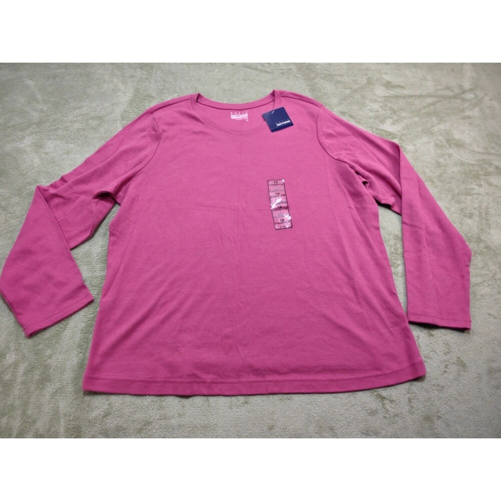 Basic Editions Shirt Womens 1X Pink Crew Neck Long Sleeve Tee Relaxed Fit NWT
